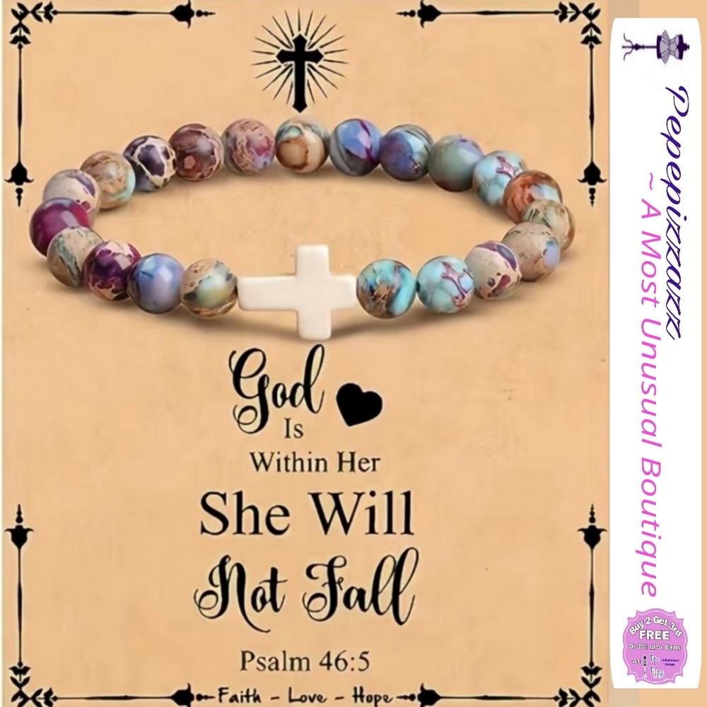 Cross Bracelet Confirmation Gifts, Christian Gifts. Natural stone. Stretch